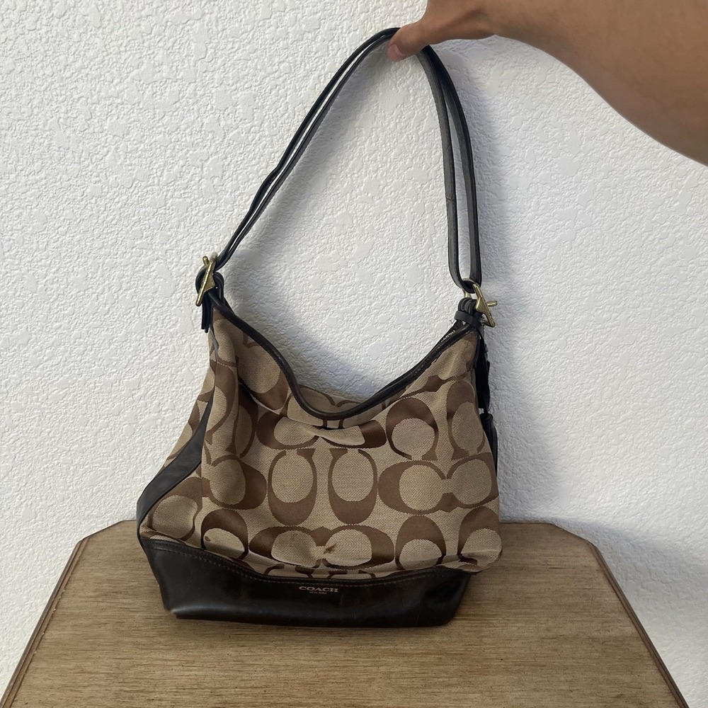 Coach F1271-21149 Signature Canvas Leather Hobo Shoulder Bag Brown Tan Purse